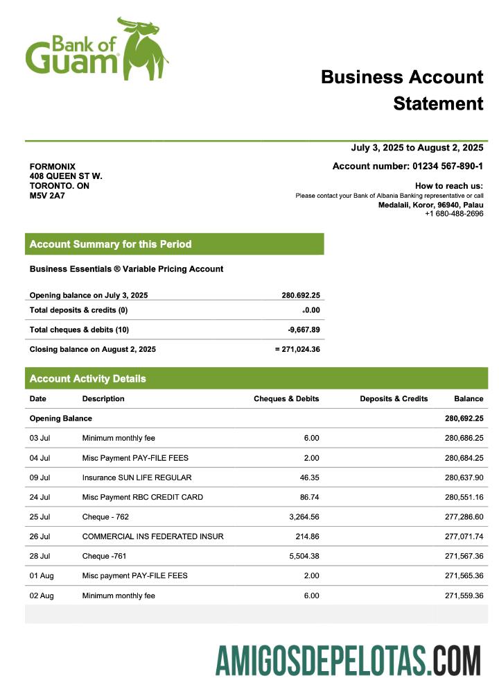 Imprimível Palau Bank Of Guamanian Company Extrato de conta corrente modelo Word e PDF